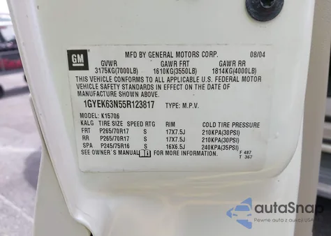 2005 Cadillac Escalade Standard z USA, uszkodzony, nr VIN 1GYEK63N55R123817